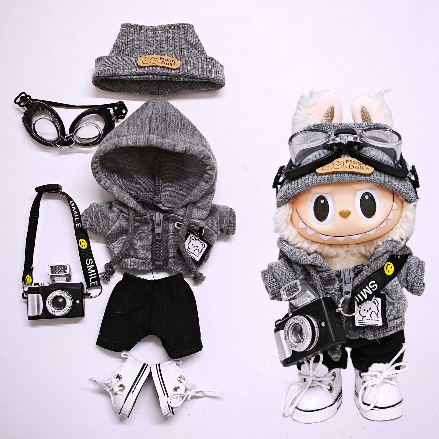 Labubu Clothing Set For 15cm/17cm Doll Hooded Sweatshirt Tops Pant Headphone Glass Shoes Camera