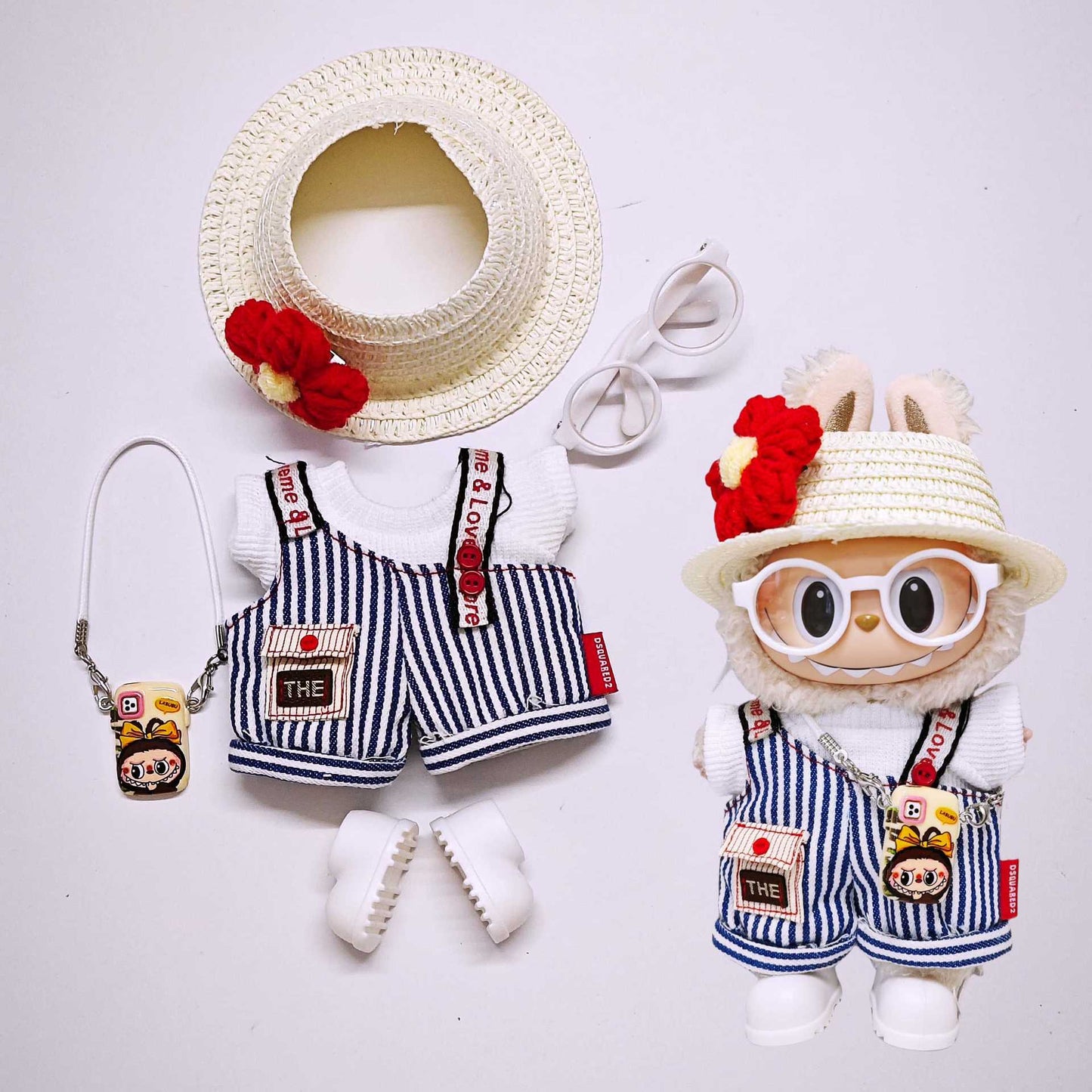 Labubu Jumpsuit Cute T-shirt Tops+Stiped Overalls+Hat+Glasses+Shoes+Phone Case Accessories 6PCS Set Doll Clothes