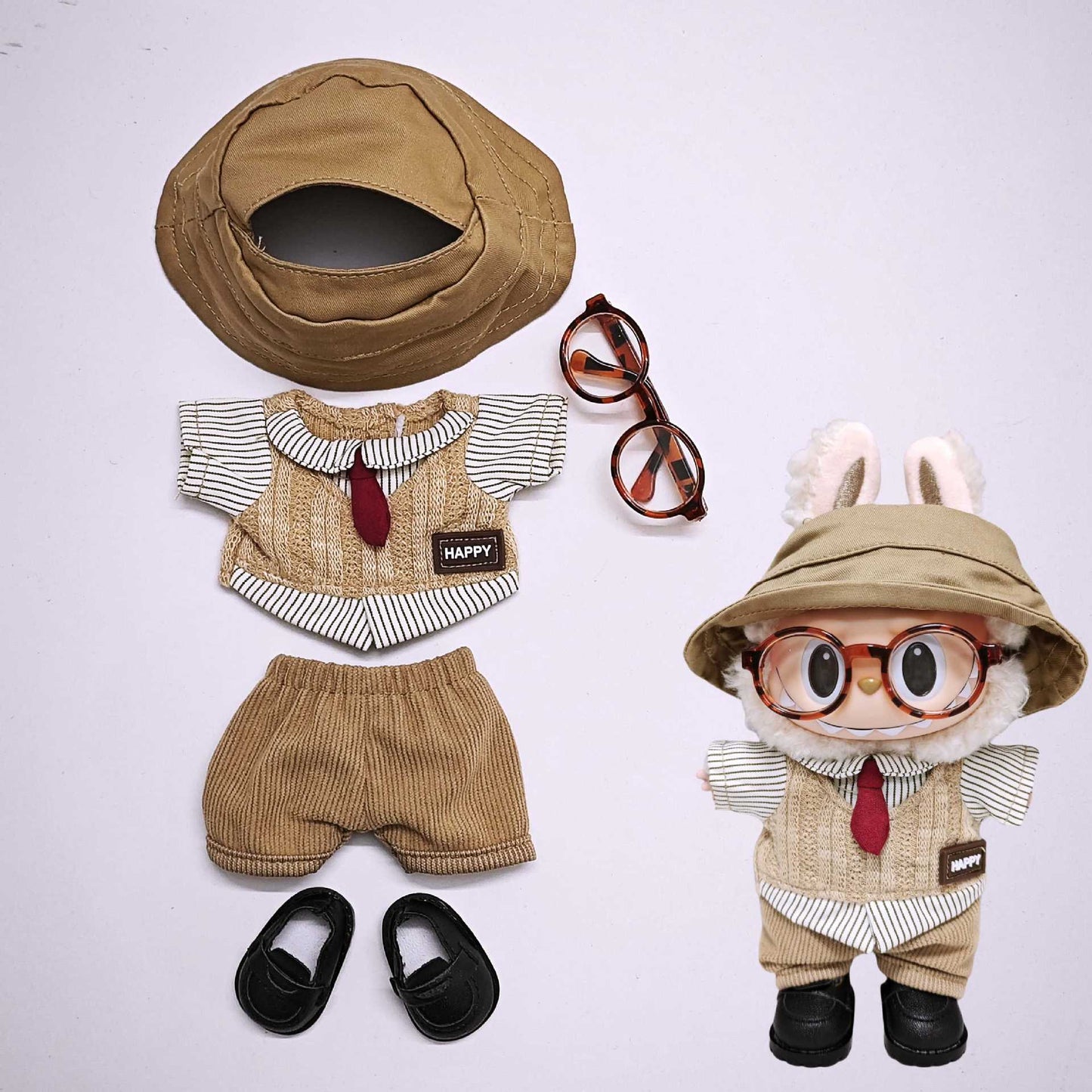 Labubu Clothes Retro British style Doll Outfits Hat Leopard Glass Camera Suit For 15/17cm Labubu