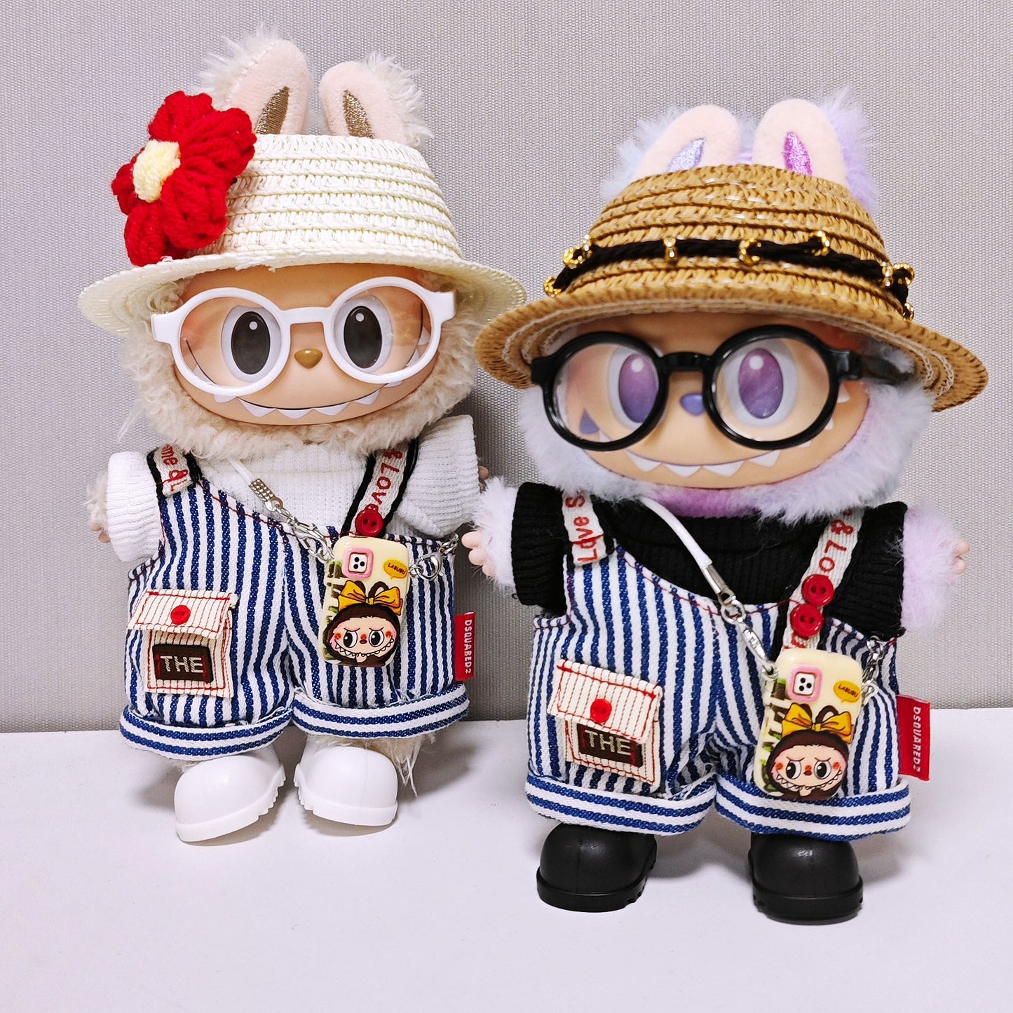 Labubu Jumpsuit Cute T-shirt Tops+Stiped Overalls+Hat+Glasses+Shoes+Phone Case Accessories 6PCS Set Doll Clothes