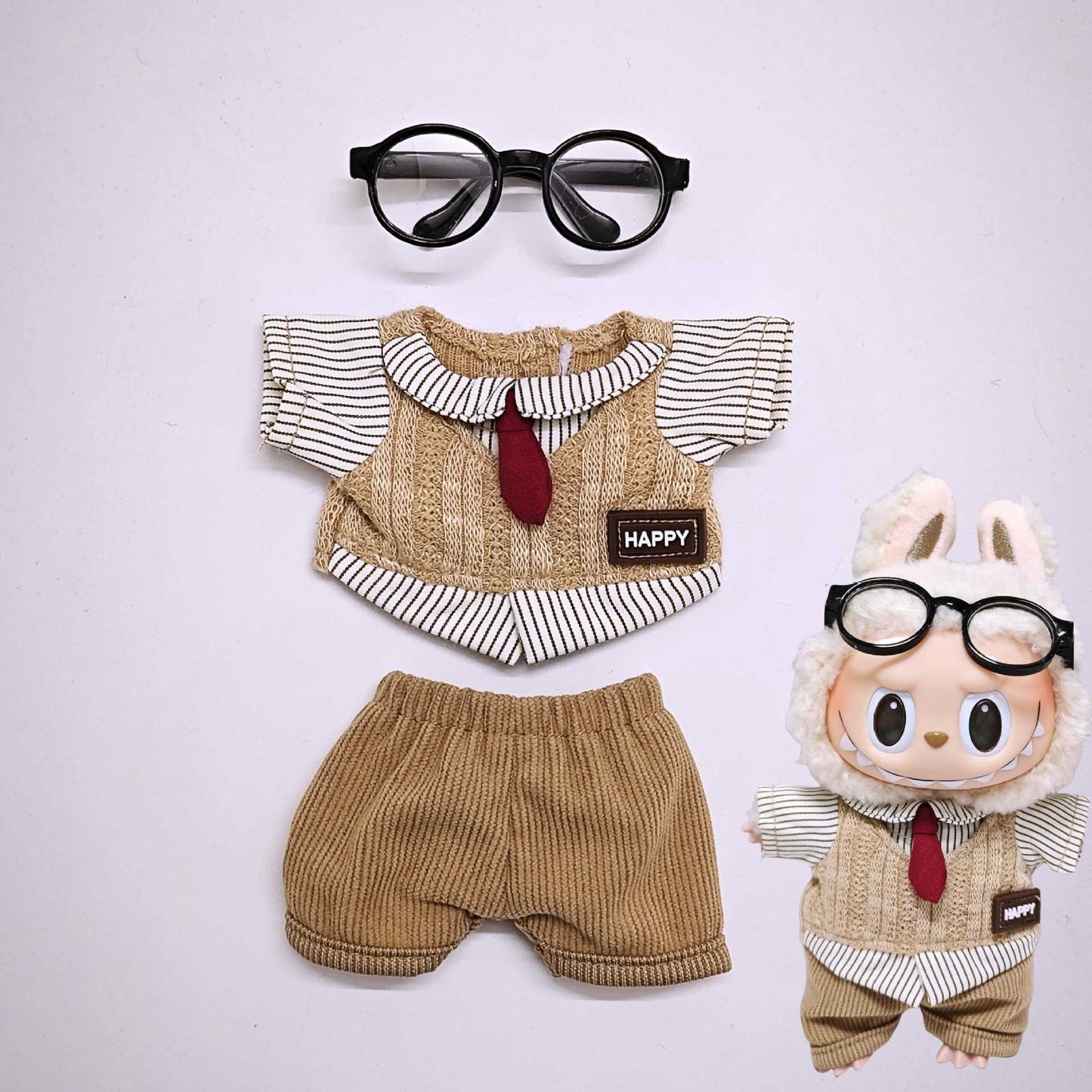 Labubu Clothes Retro British style Doll Outfits Hat Leopard Glass Camera Suit For 15/17cm Labubu