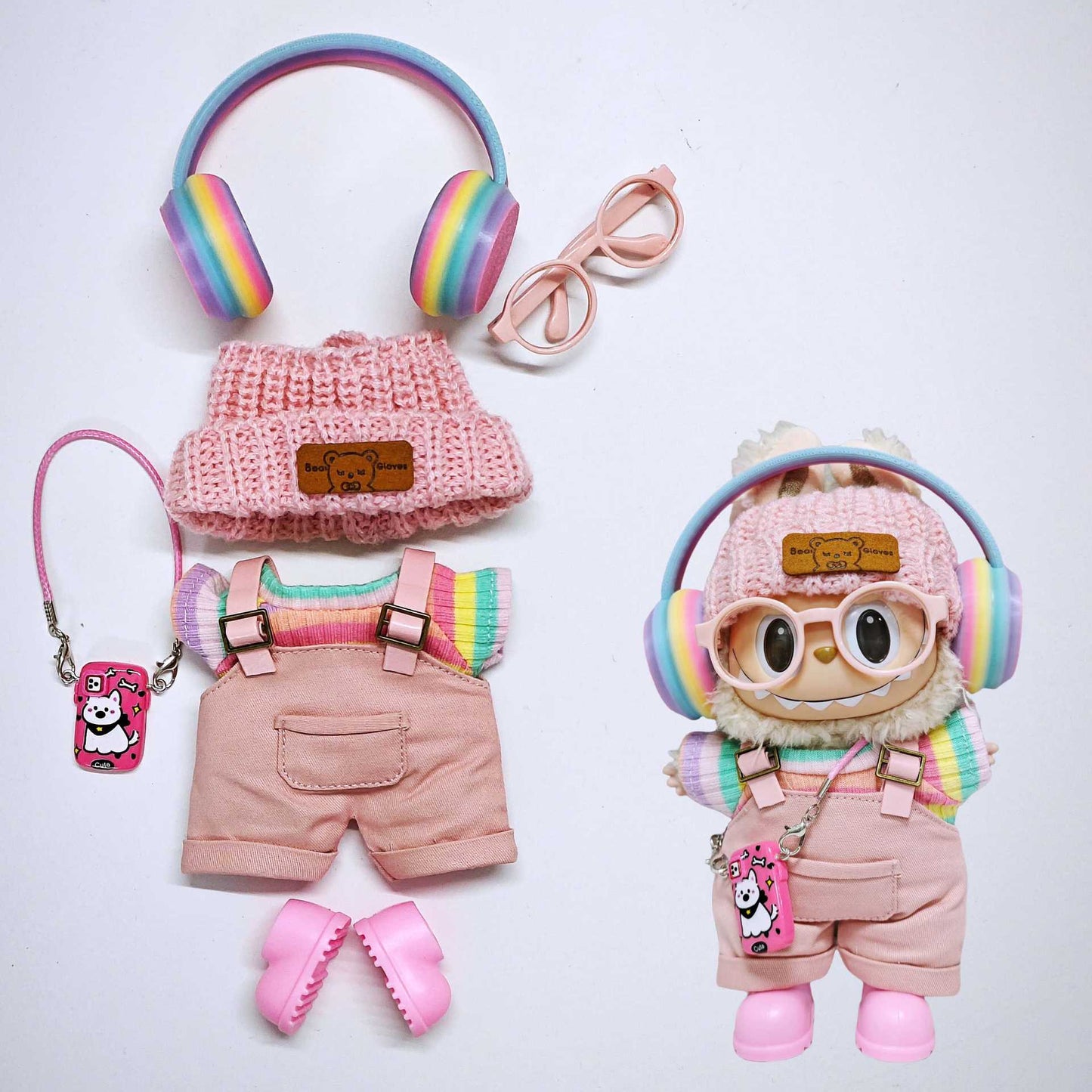 Labubu Outfits 7PCS Set Rainbow T-Shirt Overalls Headphone Clothes For V1/V2 Labuu/Lafufu (Suitable for 15cm/17cm)