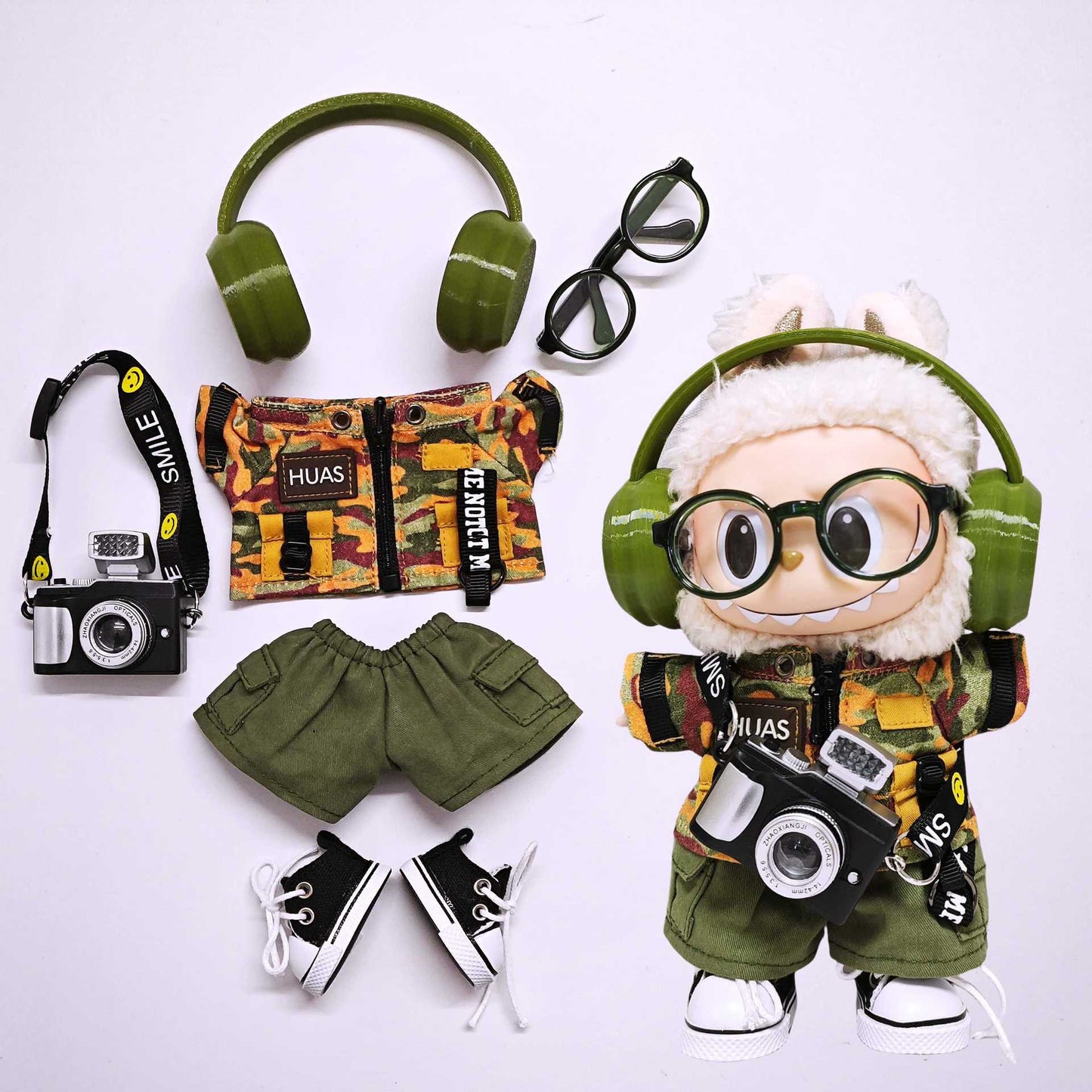 Labubu Clothes Set Fashion Camouflage Tops and Pant Headphone Camera Outfits For 15cm/17cm Lafufu