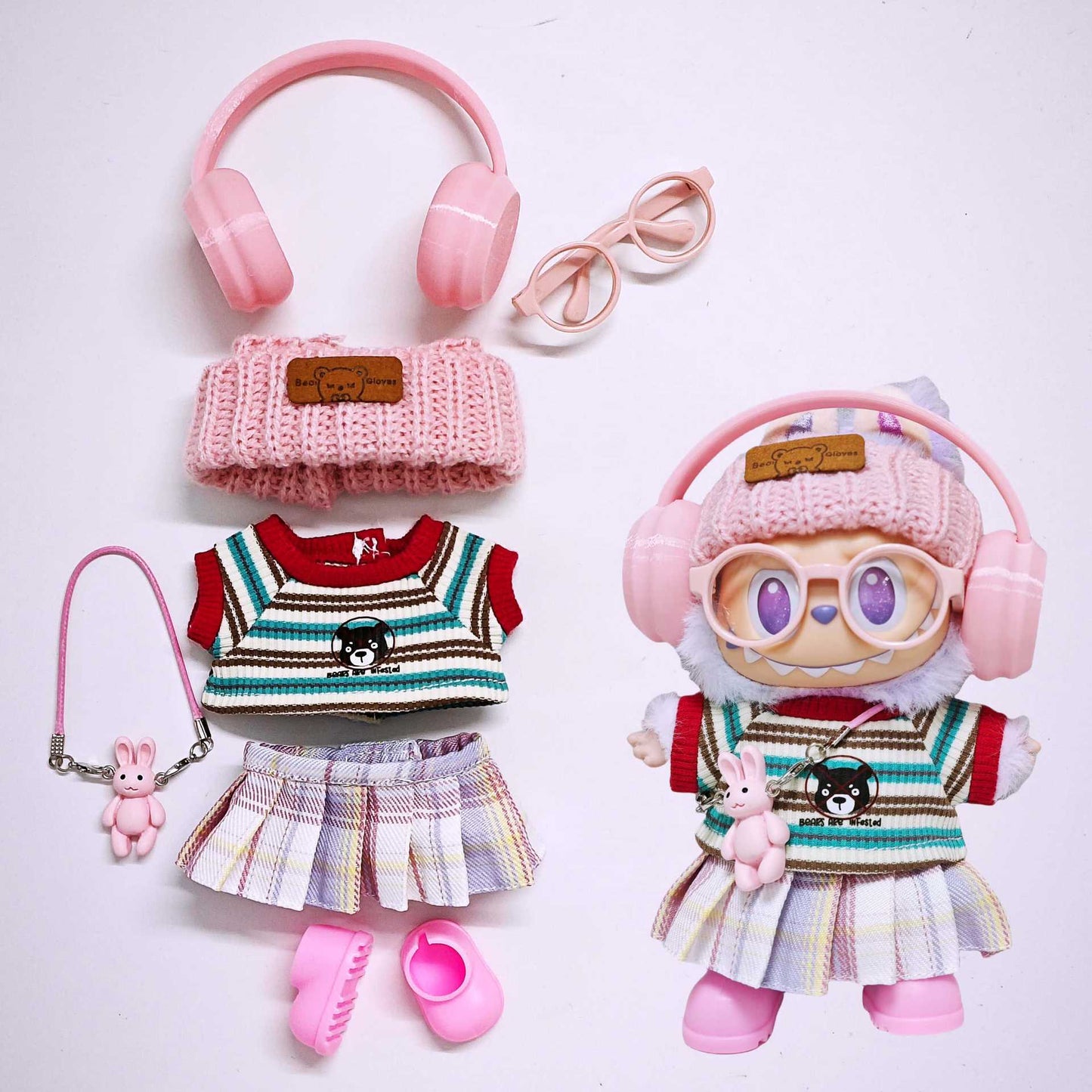 Labubu Clothes Striped T-Shirt+Pleated Skirt+Headphone+Hat+Shoes+Glass+Rabbit Accessories 7PCS Outfits Set