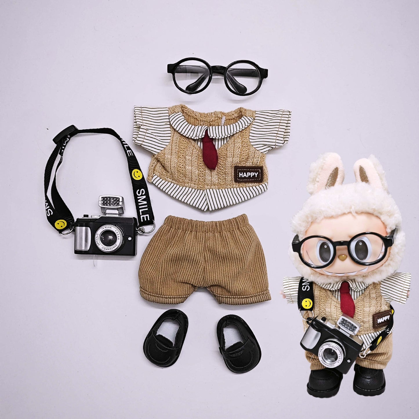 Labubu Clothes Retro British style Doll Outfits Hat Leopard Glass Camera Suit For 15/17cm Labubu