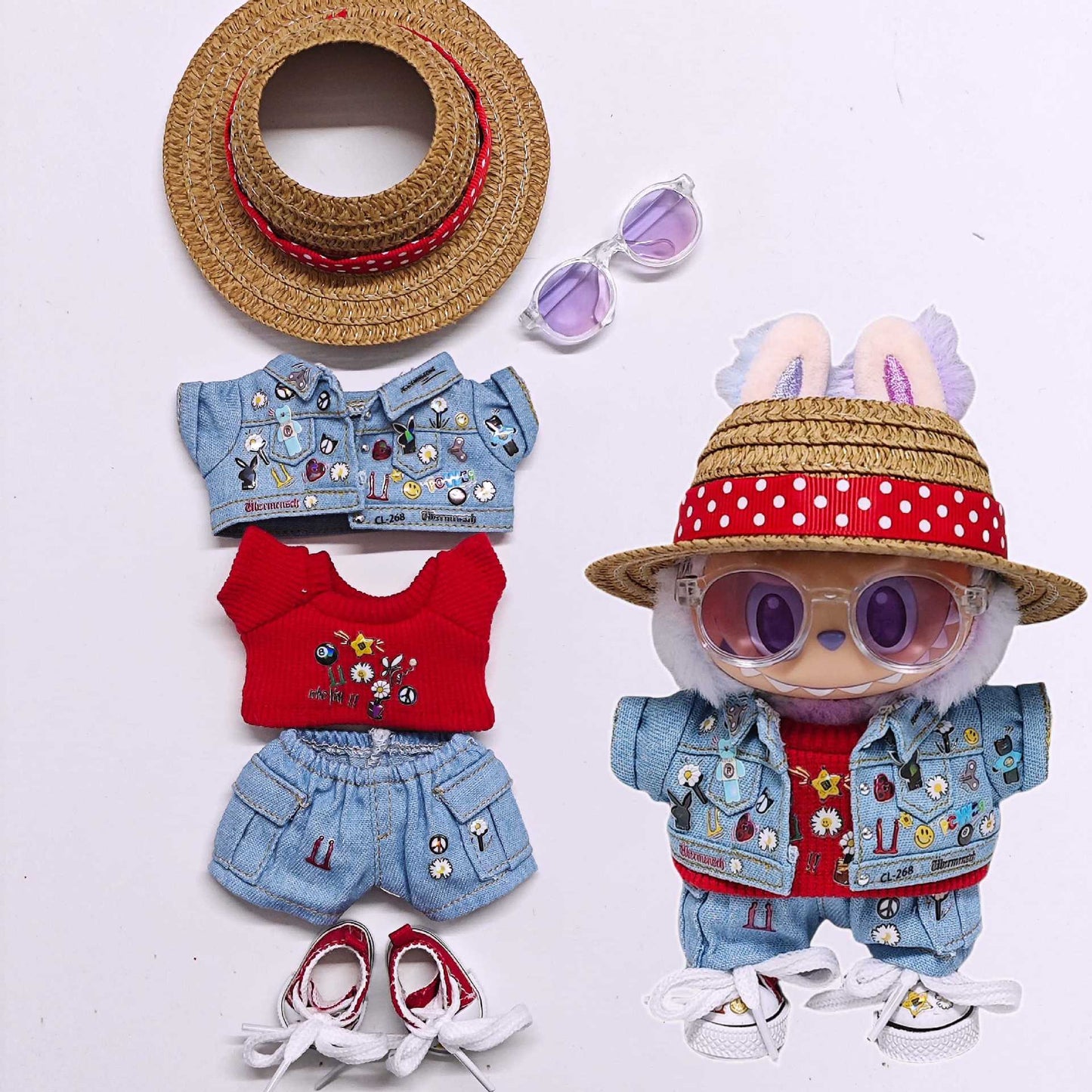 6PCS Set Labubu Clothes Fashion Denim Jacket Tops+Jeans+T-shirt+Shoes+Glasses+Hat Doll Outfits