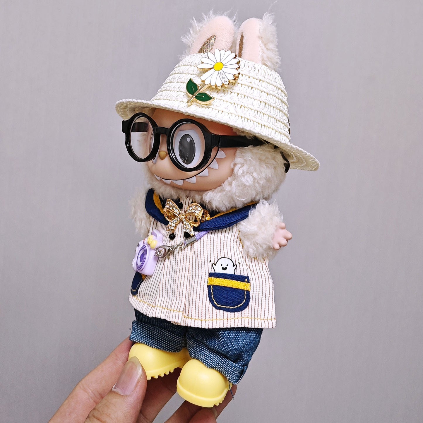 Labubu Clothes Set For V1/V2/V3 Doll Outfits Striped Tops Jeans Hat Accessories