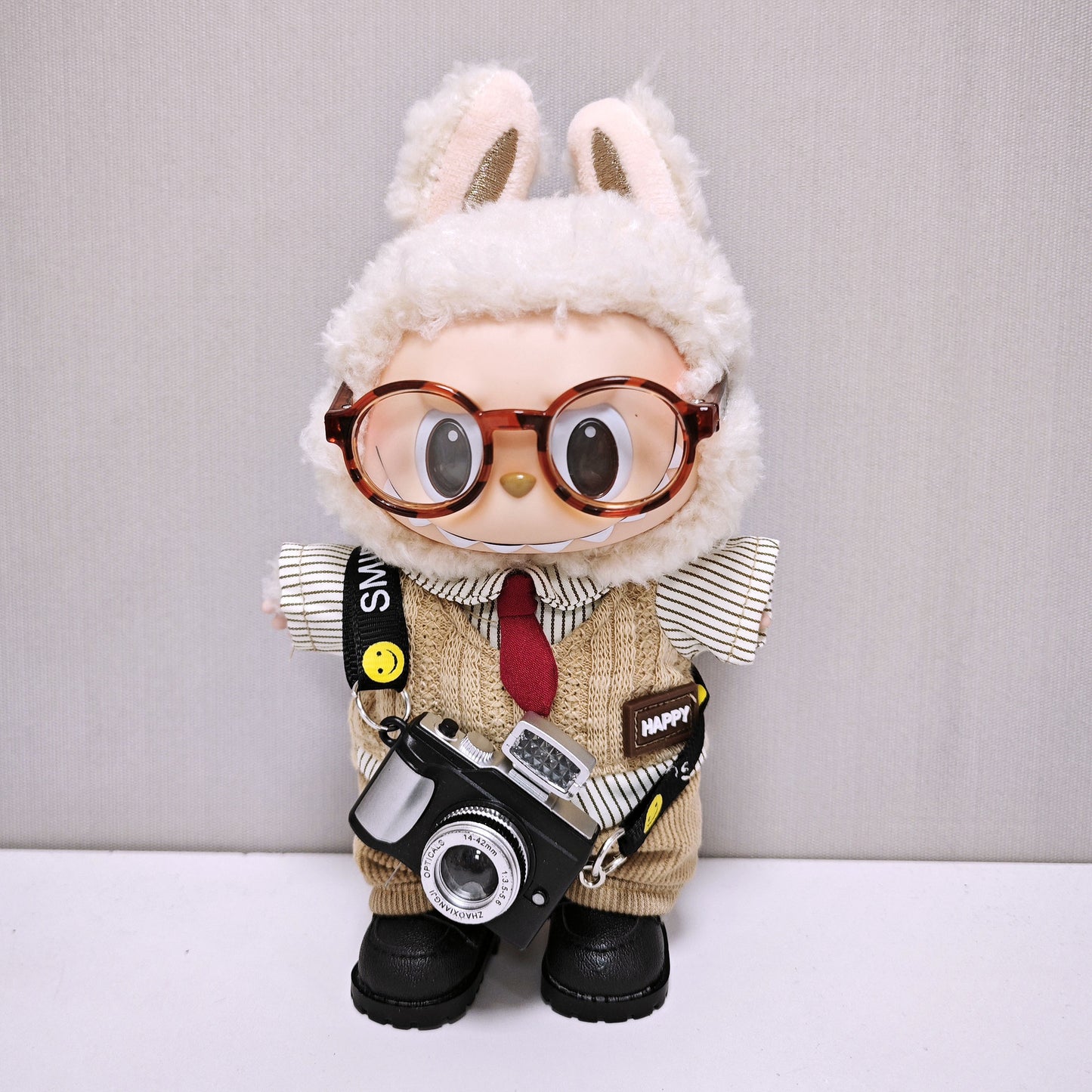 Labubu Clothes Retro British style Doll Outfits Hat Leopard Glass Camera Suit For 15/17cm Labubu