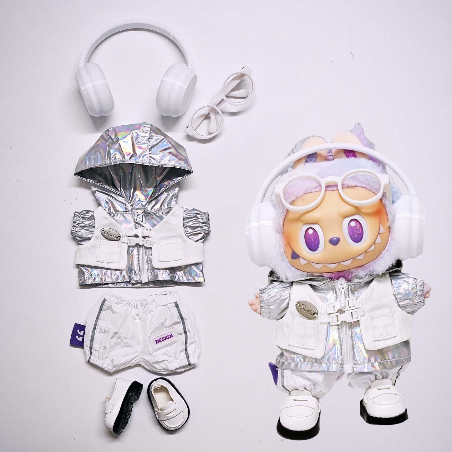 Labubu Outfits Silver Hooded Coat Pant Headphone Glass For 15cm/17cm Labubu Clothes Set