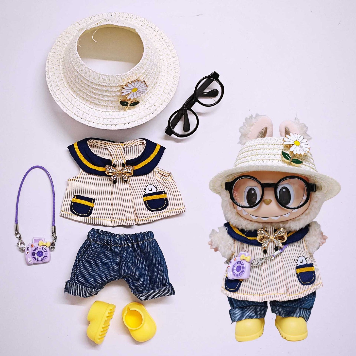 Labubu Clothes Set For V1/V2/V3 Doll Outfits Striped Tops Jeans Hat Accessories