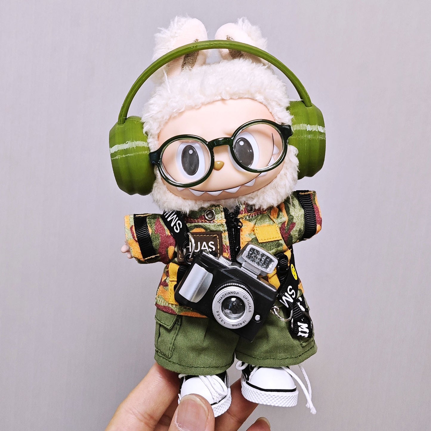 Labubu Clothes Set Fashion Camouflage Tops and Pant Headphone Camera Outfits For 15cm/17cm Lafufu