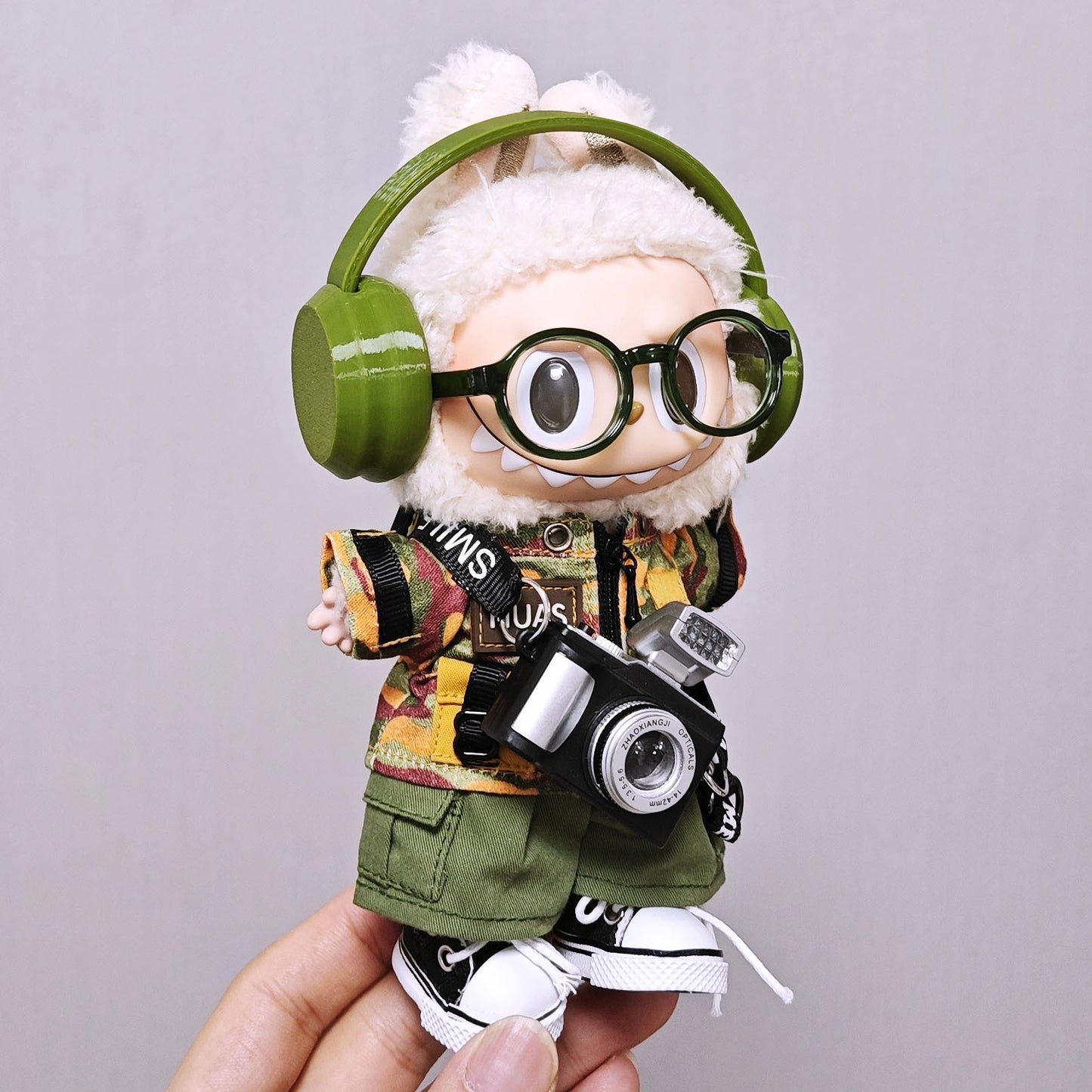 Labubu Clothes Set Fashion Camouflage Tops and Pant Headphone Camera Outfits For 15cm/17cm Lafufu