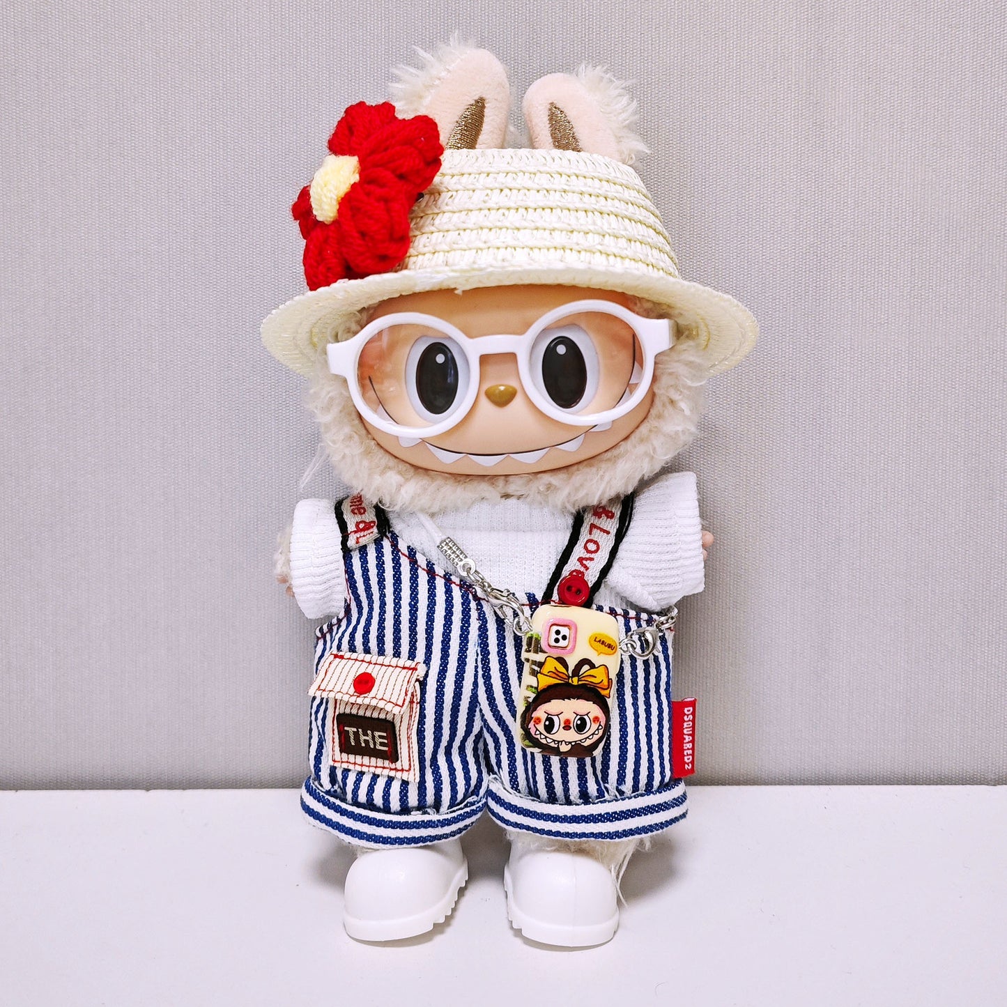 Labubu Jumpsuit Cute T-shirt Tops+Stiped Overalls+Hat+Glasses+Shoes+Phone Case Accessories 6PCS Set Doll Clothes