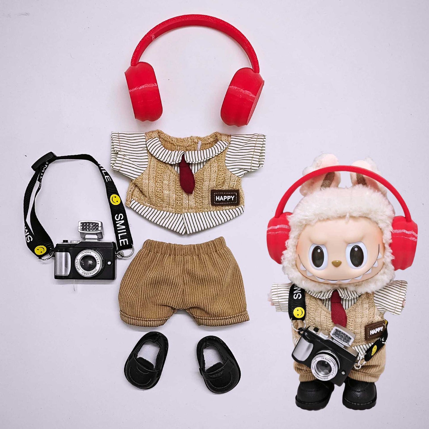 Labubu Clothes Retro British style Doll Outfits Hat Leopard Glass Camera Suit For 15/17cm Labubu