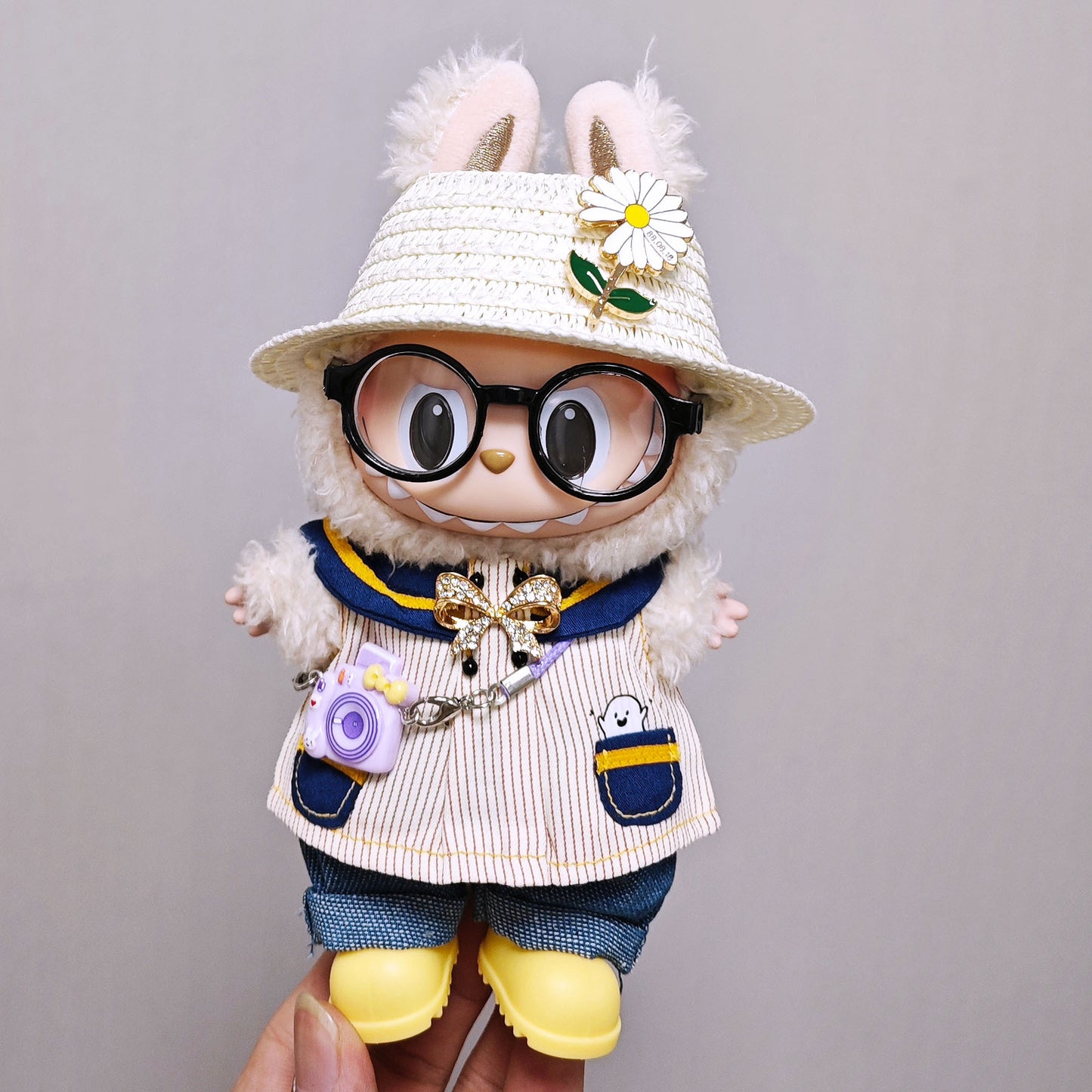 Labubu Clothes Set For V1/V2/V3 Doll Outfits Striped Tops Jeans Hat Accessories