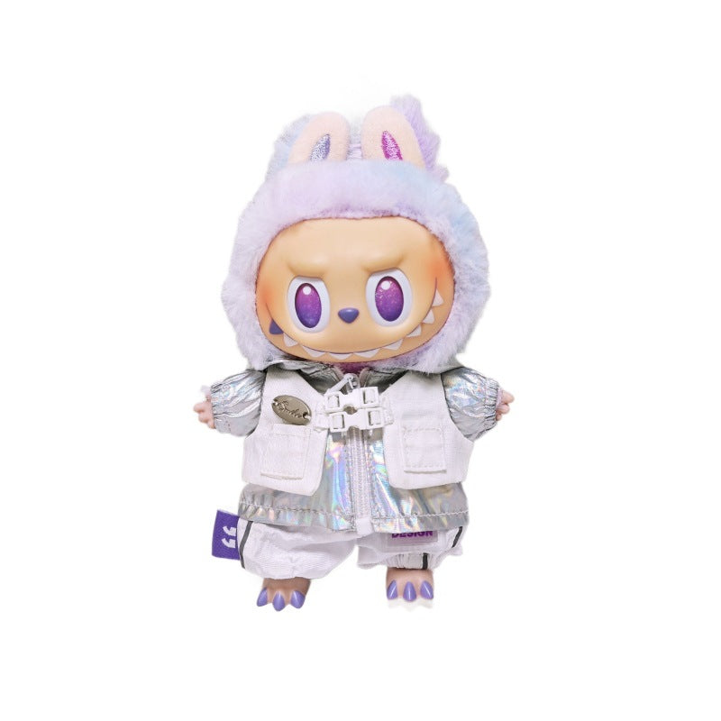 Labubu Outfits Silver Hooded Coat Pant Headphone Glass For 15cm/17cm Labubu Clothes Set