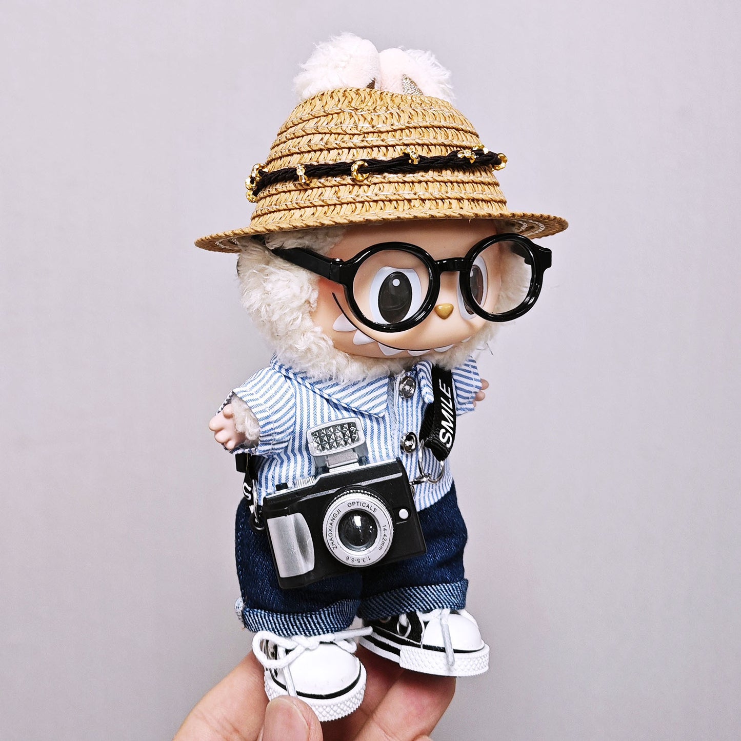 For 15cm/17cm Labubu 6PCS Set Outfits Striped Shirt+Jeans+Hat+Shoes+Glass+Camera Clothes