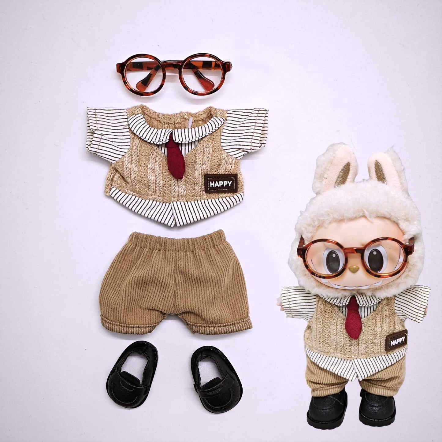 Labubu Clothes Retro British style Doll Outfits Hat Leopard Glass Camera Suit For 15/17cm Labubu