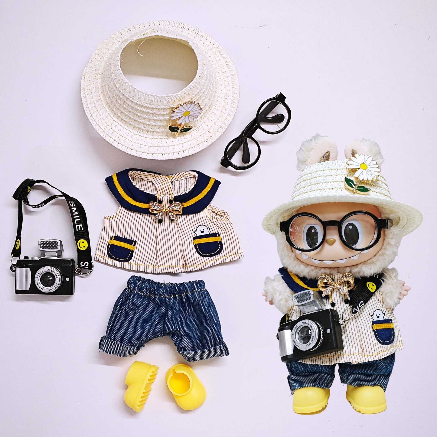 Labubu Clothes Set For V1/V2/V3 Doll Outfits Striped Tops Jeans Hat Accessories