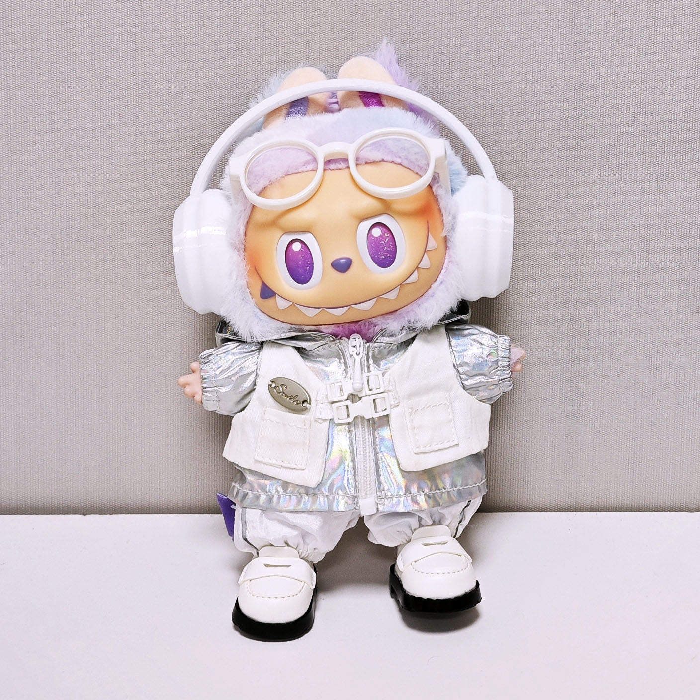 Labubu Outfits Silver Hooded Coat Pant Headphone Glass For 15cm/17cm Labubu Clothes Set