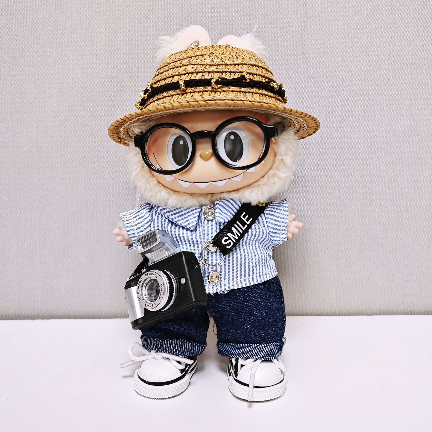 For 15cm/17cm Labubu 6PCS Set Outfits Striped Shirt+Jeans+Hat+Shoes+Glass+Camera Clothes