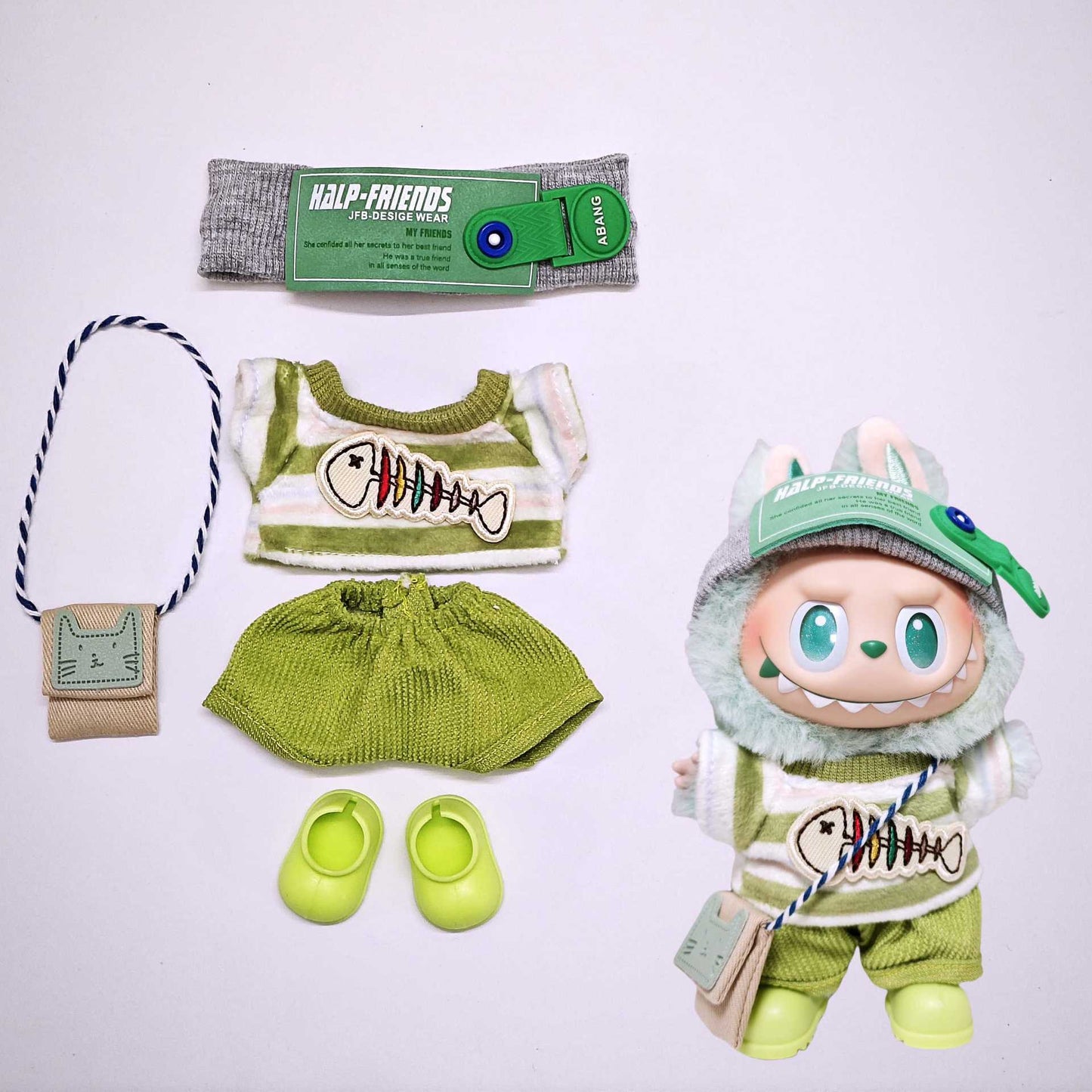 For V1/V2/V3 Labubu Fishbone Striped Tops and Pant Clothes Shoes Glass Headphone Outfits