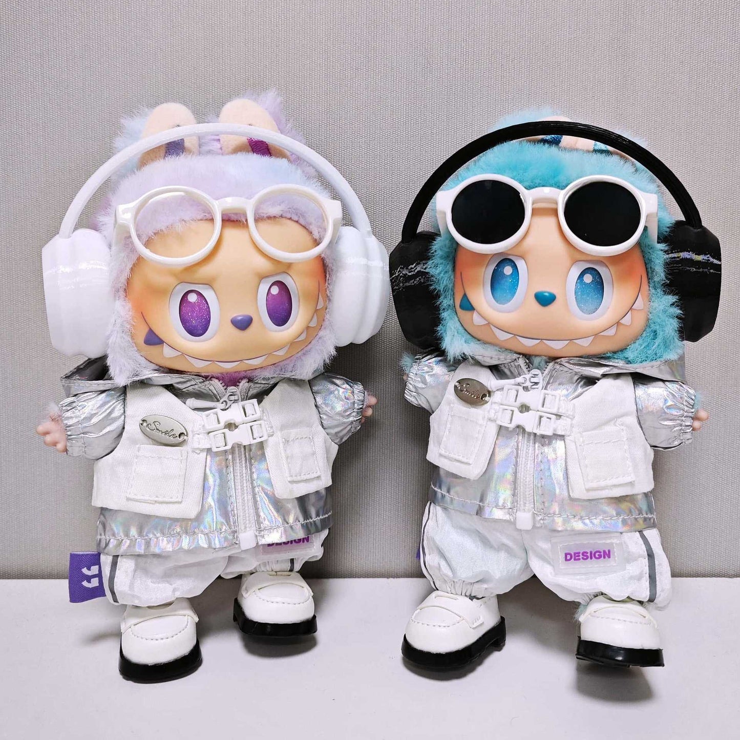 Labubu Outfits Silver Hooded Coat Pant Headphone Glass For 15cm/17cm Labubu Clothes Set