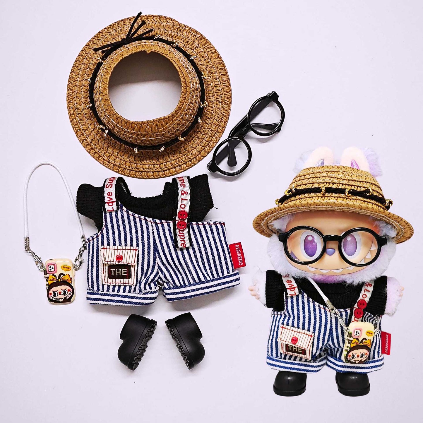 Labubu Jumpsuit Cute T-shirt Tops+Stiped Overalls+Hat+Glasses+Shoes+Phone Case Accessories 6PCS Set Doll Clothes