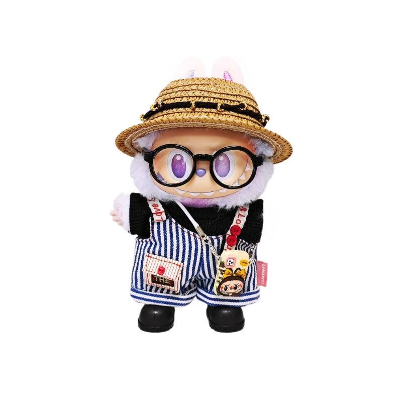 Labubu Jumpsuit Cute T-shirt Tops+Stiped Overalls+Hat+Glasses+Shoes+Phone Case Accessories 6PCS Set Doll Clothes