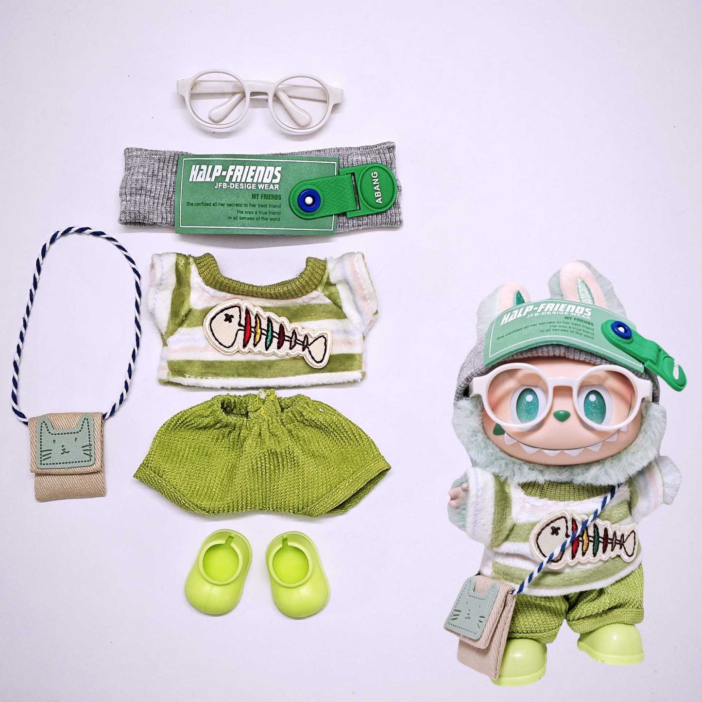 For V1/V2/V3 Labubu Fishbone Striped Tops and Pant Clothes Shoes Glass Headphone Outfits