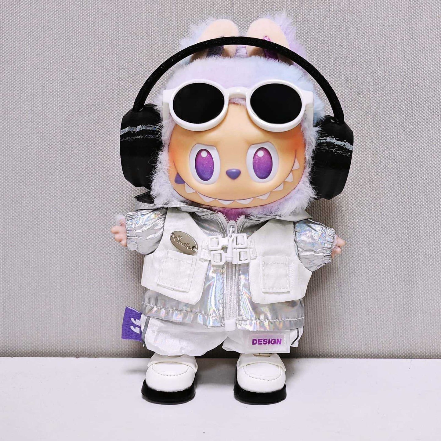 Labubu Outfits Silver Hooded Coat Pant Headphone Glass For 15cm/17cm Labubu Clothes Set