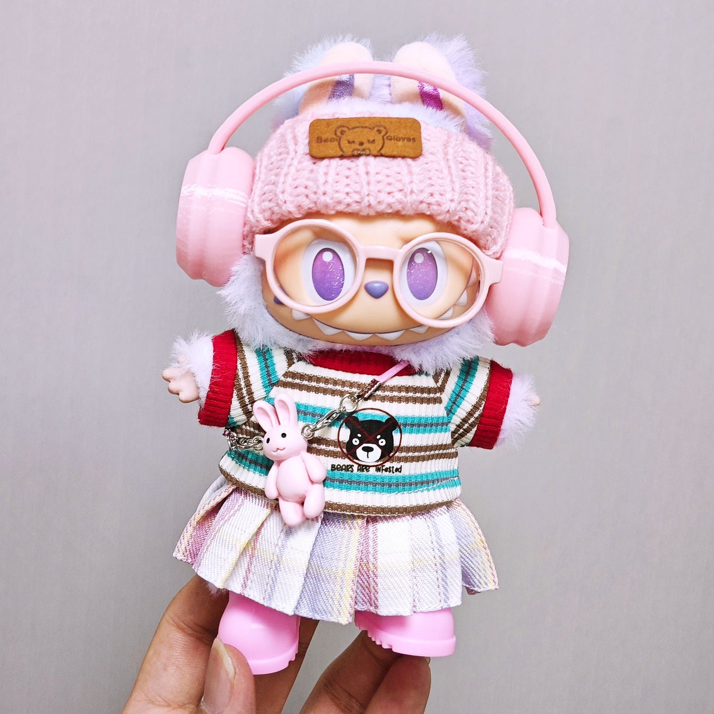 Labubu Clothes Striped T-Shirt+Pleated Skirt+Headphone+Hat+Shoes+Glass+Rabbit Accessories 7PCS Outfits Set