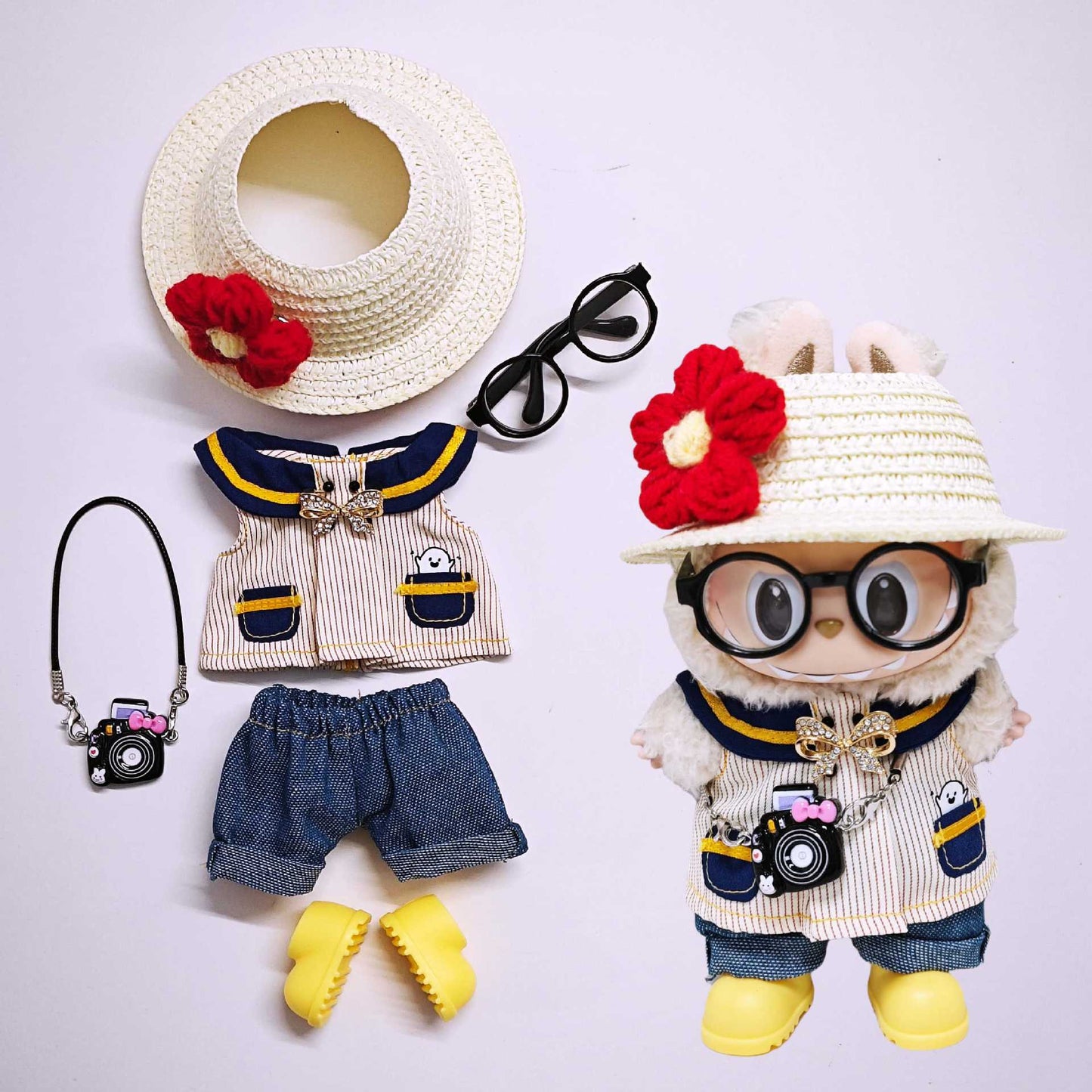Labubu Clothes Set For V1/V2/V3 Doll Outfits Striped Tops Jeans Hat Accessories