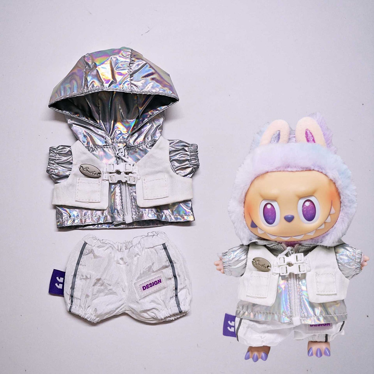 Labubu Outfits Silver Hooded Coat Pant Headphone Glass For 15cm/17cm Labubu Clothes Set
