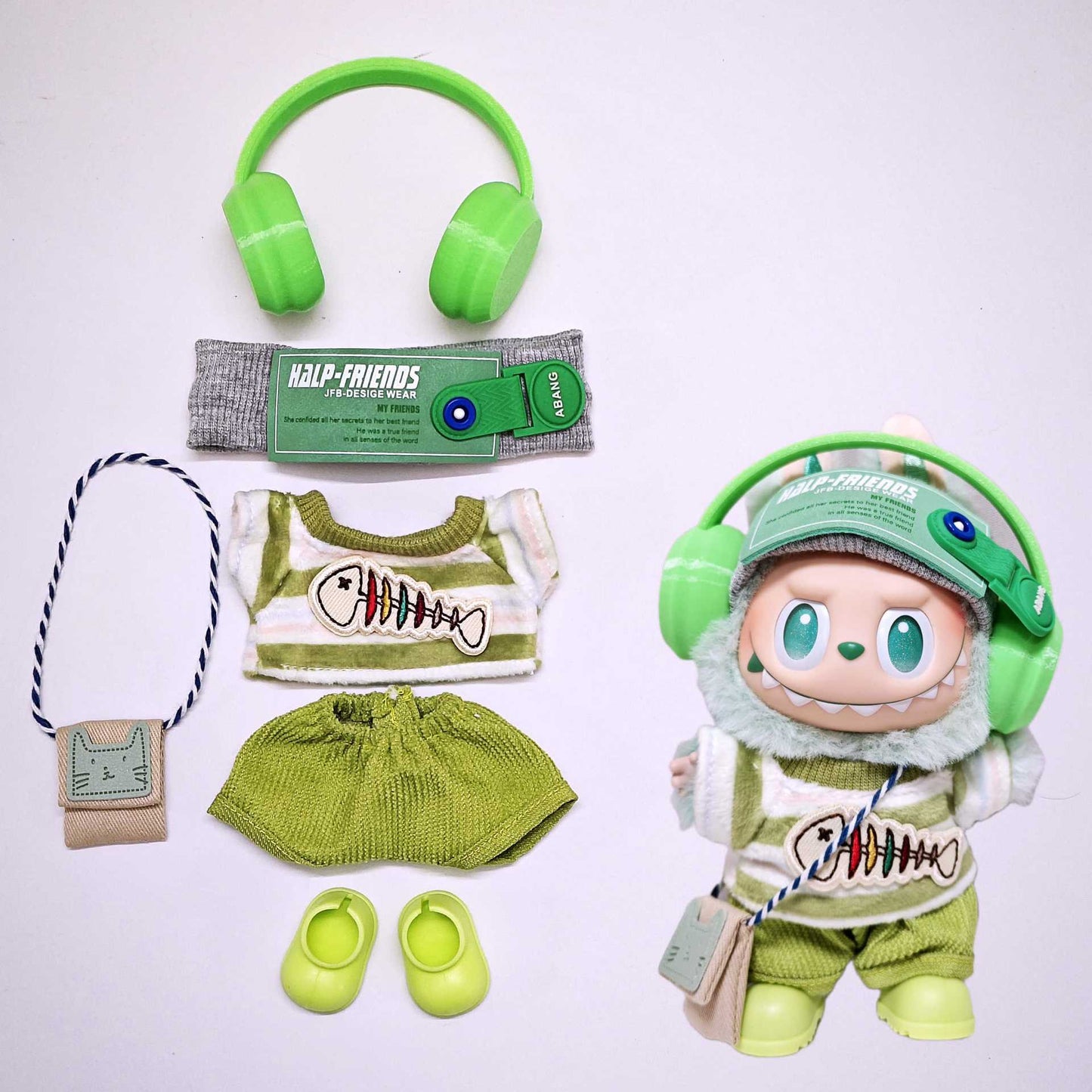 For V1/V2/V3 Labubu Fishbone Striped Tops and Pant Clothes Shoes Glass Headphone Outfits