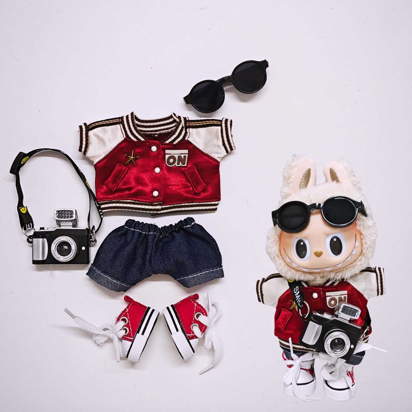 Labubu Clothes For 17cm Doll Outfits Baseball Jacket Tops Jeans Skirt Sunglasses Camera Fashion Accessories