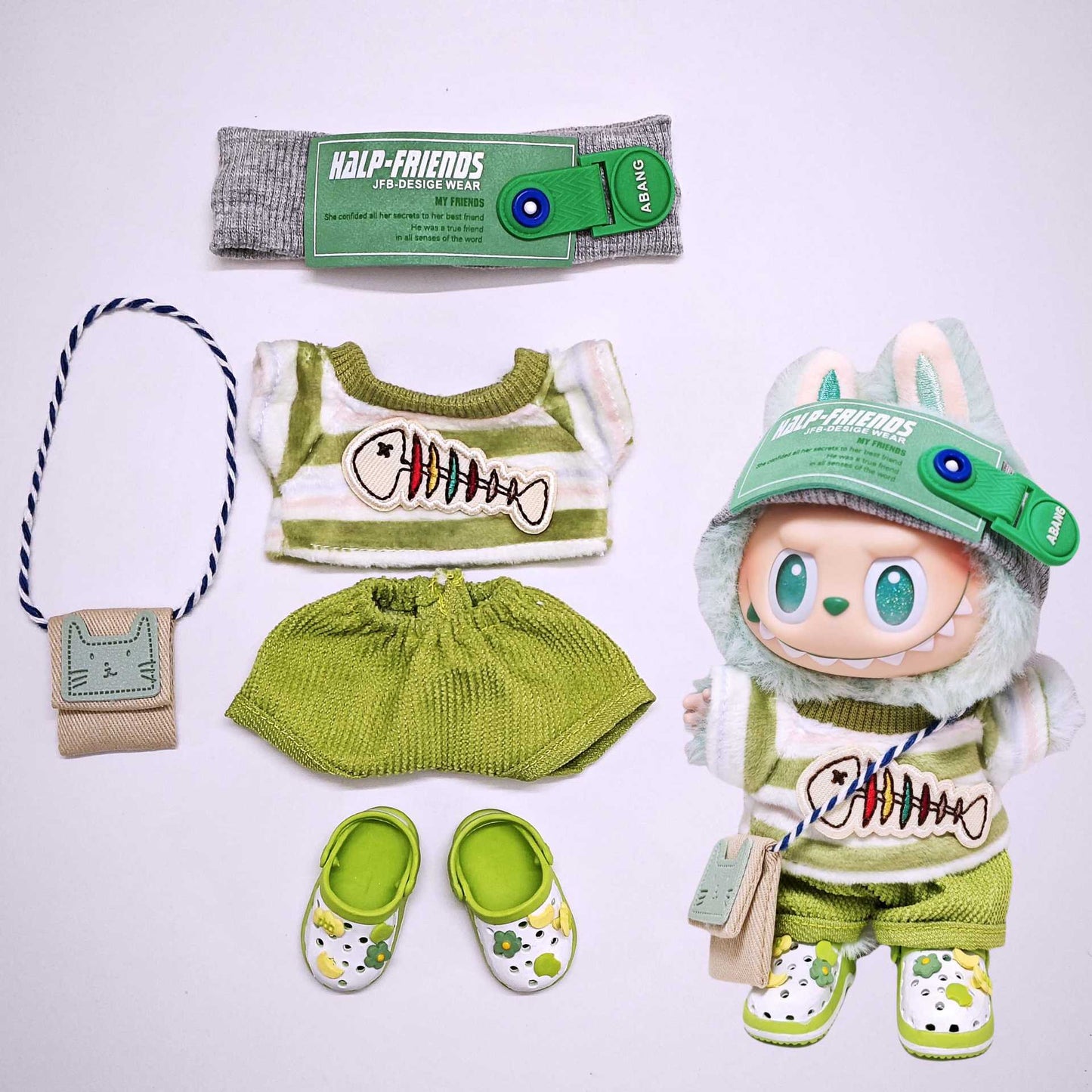 For V1/V2/V3 Labubu Fishbone Striped Tops and Pant Clothes Shoes Glass Headphone Outfits
