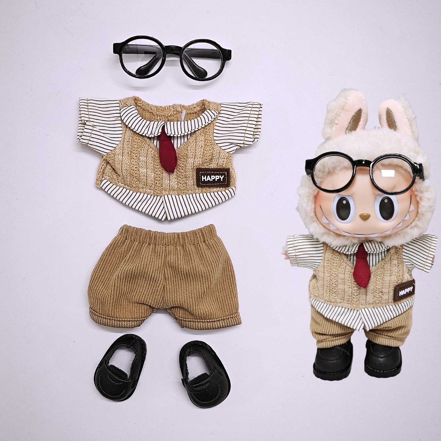 Labubu Clothes Retro British style Doll Outfits Hat Leopard Glass Camera Suit For 15/17cm Labubu