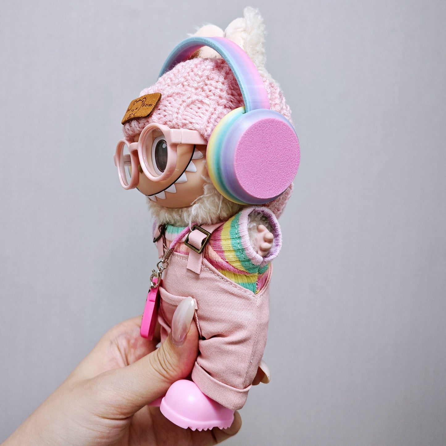 Labubu Outfits 7PCS Set Rainbow T-Shirt Overalls Headphone Clothes For V1/V2 Labuu/Lafufu (Suitable for 15cm/17cm)