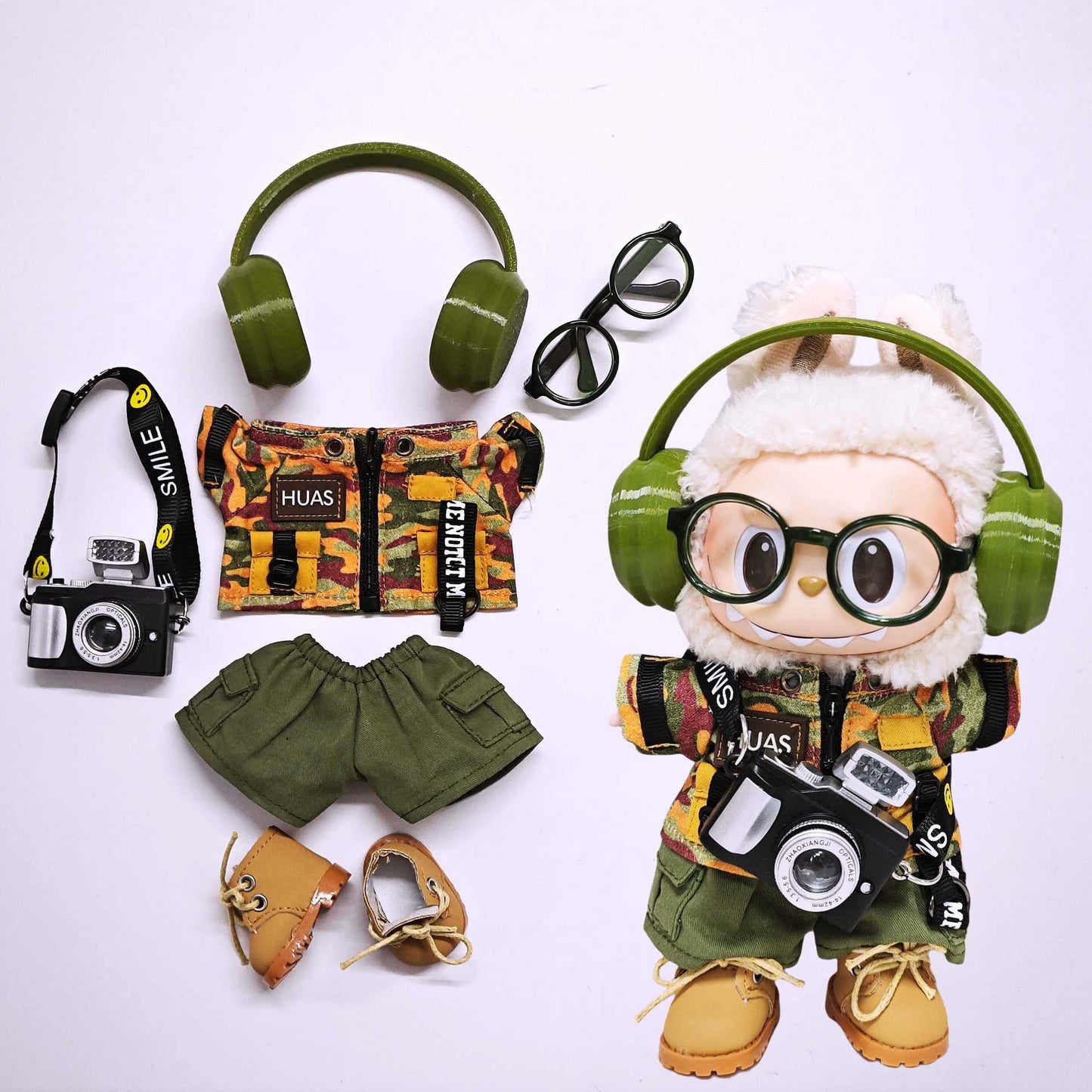Labubu Clothes Set Fashion Camouflage Tops and Pant Headphone Camera Outfits For 15cm/17cm Lafufu