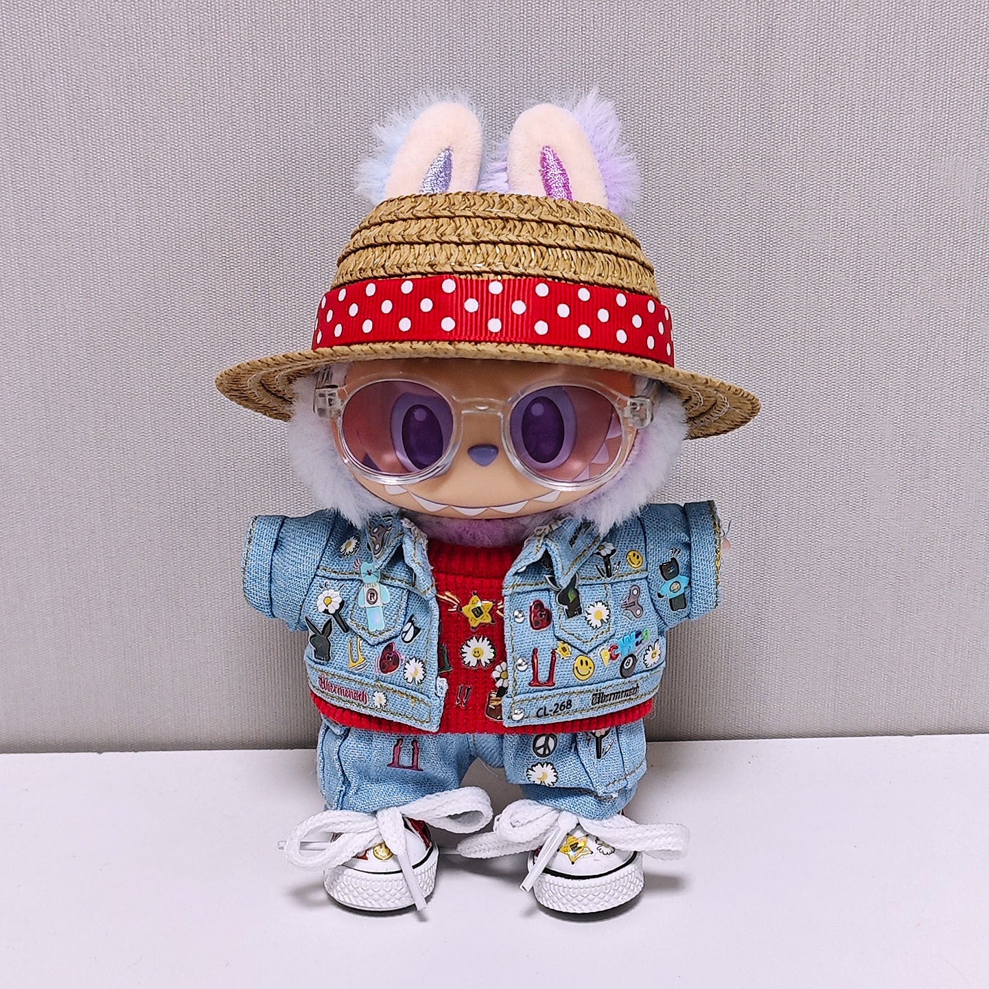 6PCS Set Labubu Clothes Fashion Denim Jacket Tops+Jeans+T-shirt+Shoes+Glasses+Hat Doll Outfits