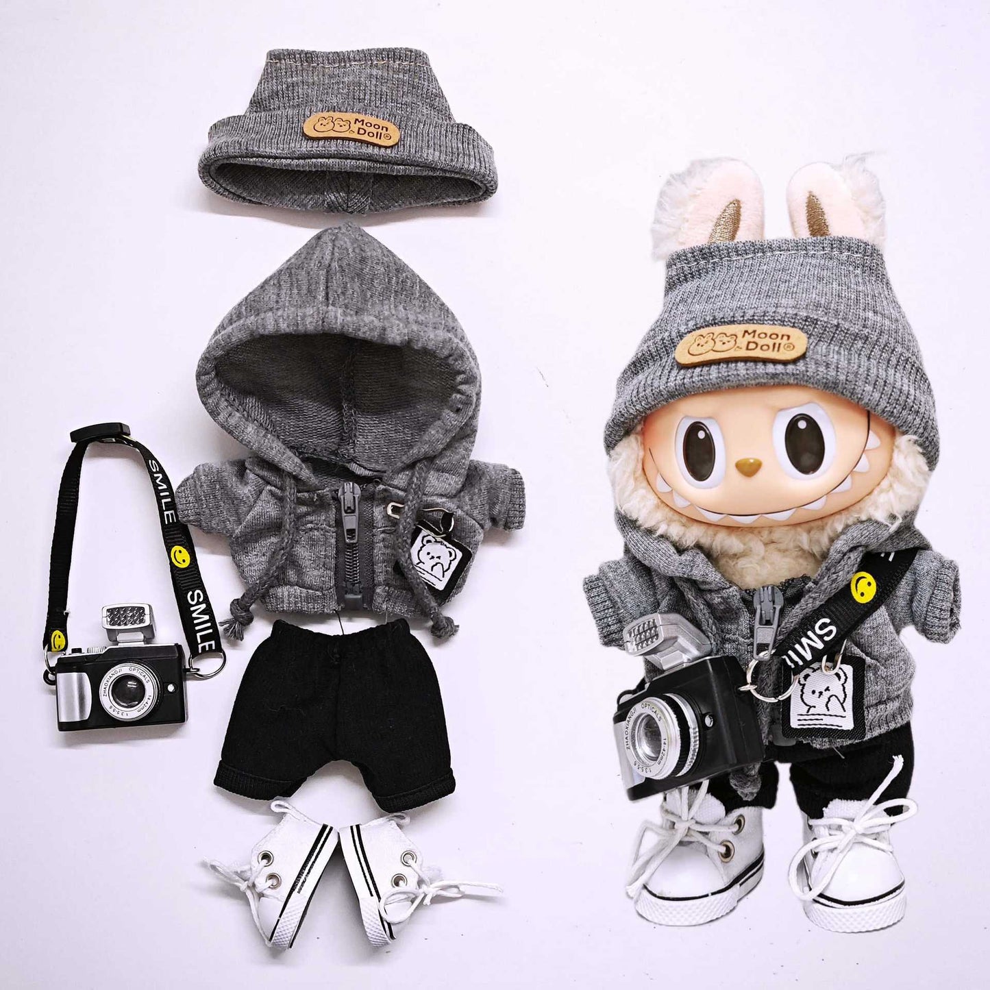 Labubu Clothing Set For 15cm/17cm Doll Hooded Sweatshirt Tops Pant Headphone Glass Shoes Camera