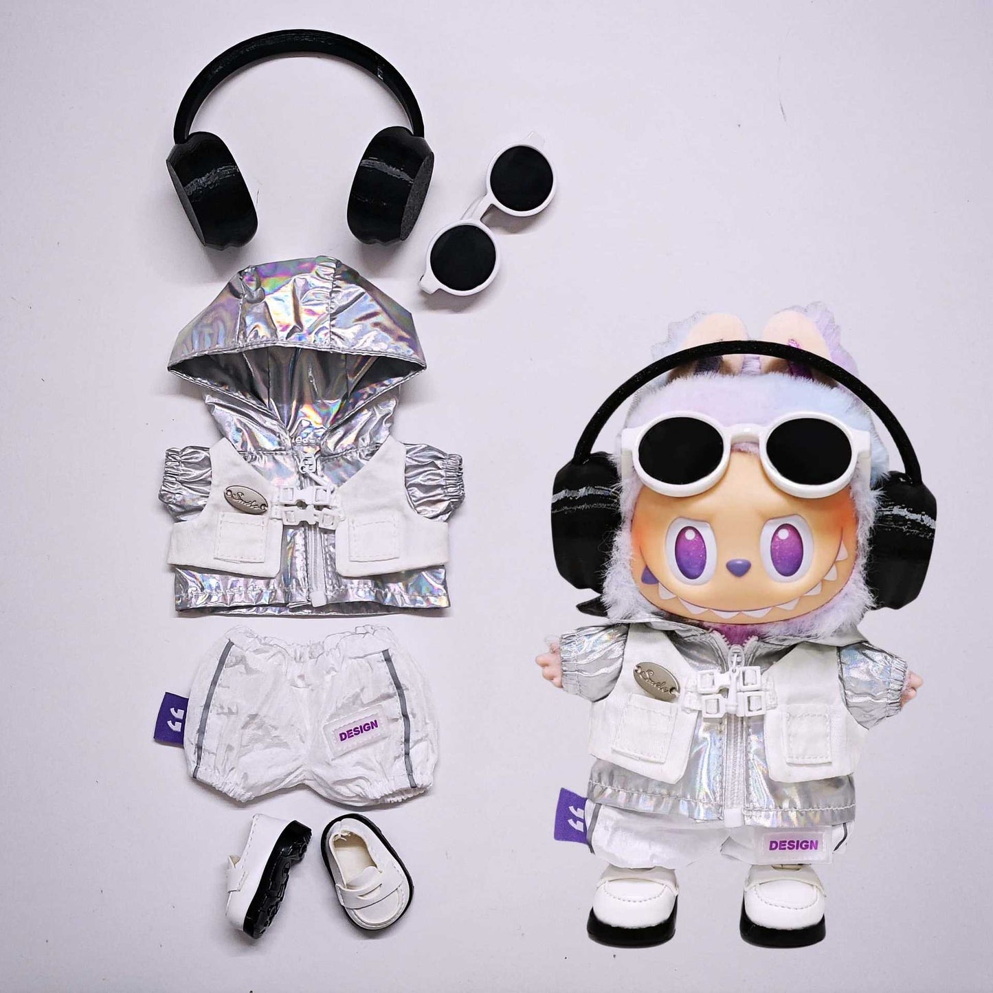 Labubu Outfits Silver Hooded Coat Pant Headphone Glass For 15cm/17cm Labubu Clothes Set