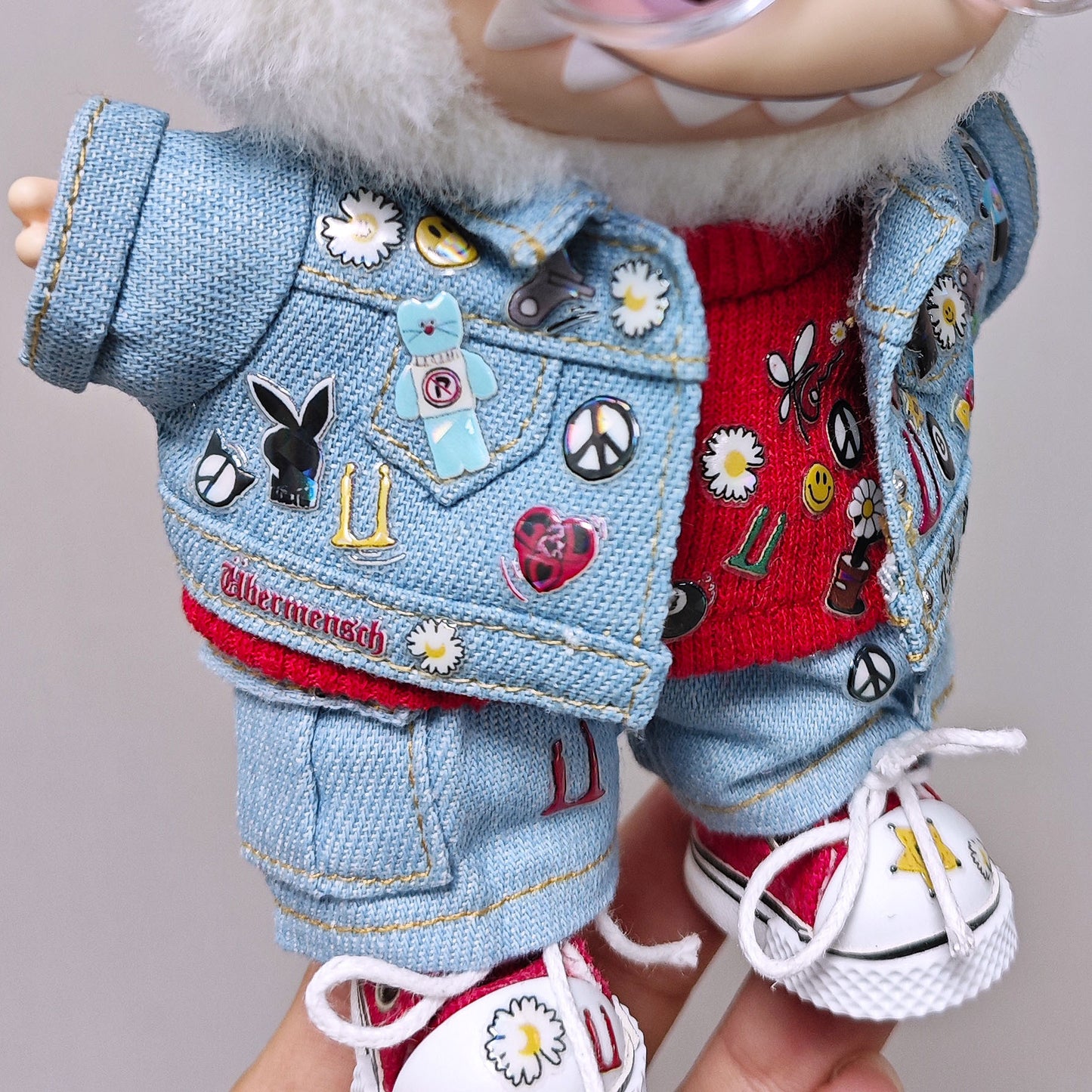 6PCS Set Labubu Clothes Fashion Denim Jacket Tops+Jeans+T-shirt+Shoes+Glasses+Hat Doll Outfits