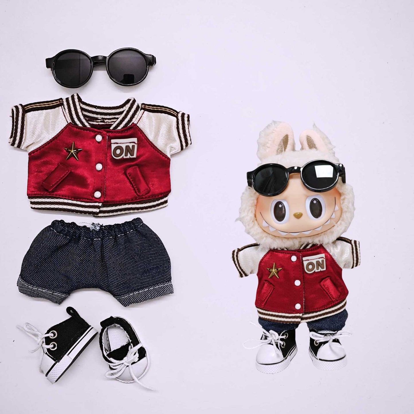 Labubu Clothes For 17cm Doll Outfits Baseball Jacket Tops Jeans Skirt Sunglasses Camera Fashion Accessories