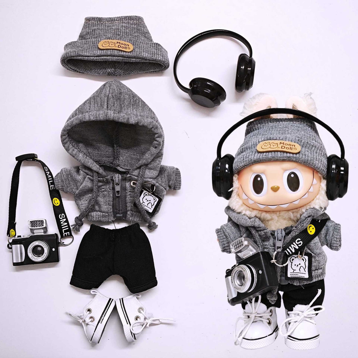 Labubu Clothing Set For 15cm/17cm Doll Hooded Sweatshirt Tops Pant Headphone Glass Shoes Camera