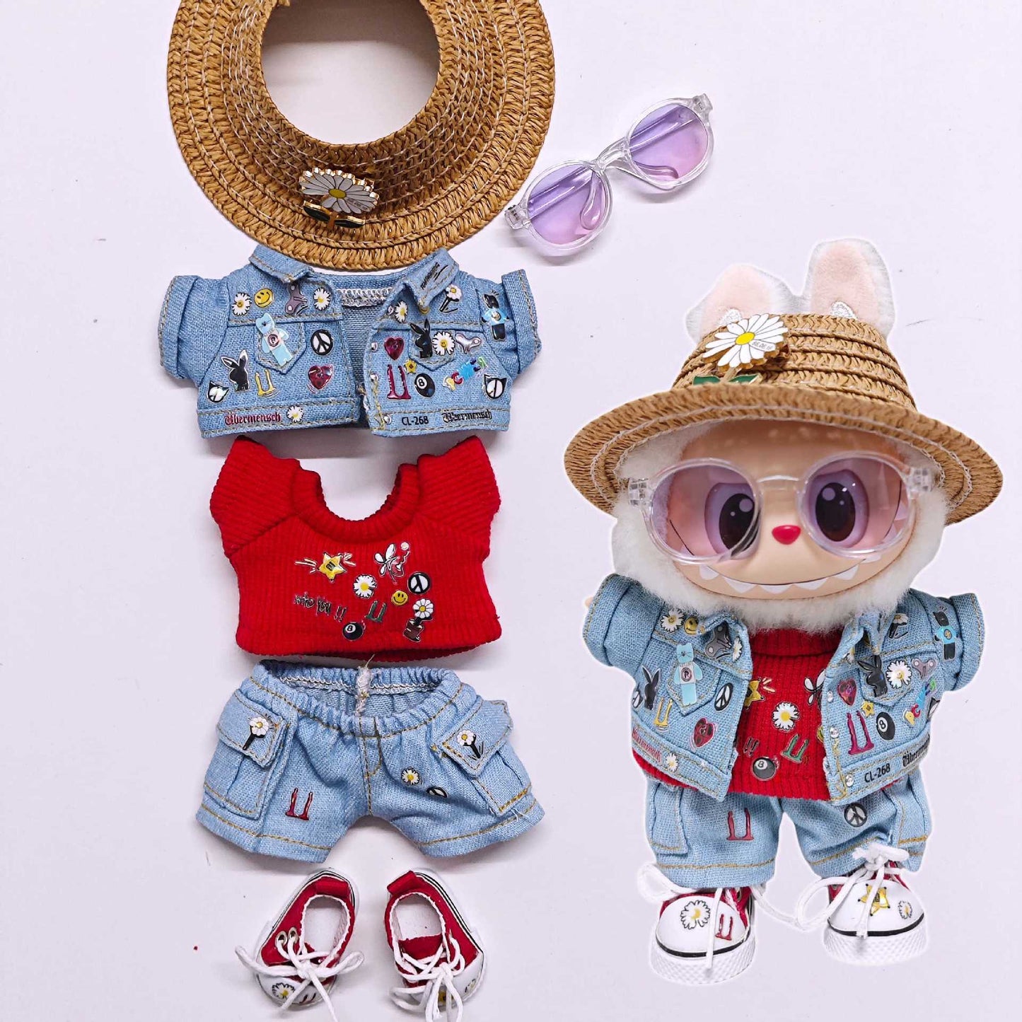 6PCS Set Labubu Clothes Fashion Denim Jacket Tops+Jeans+T-shirt+Shoes+Glasses+Hat Doll Outfits