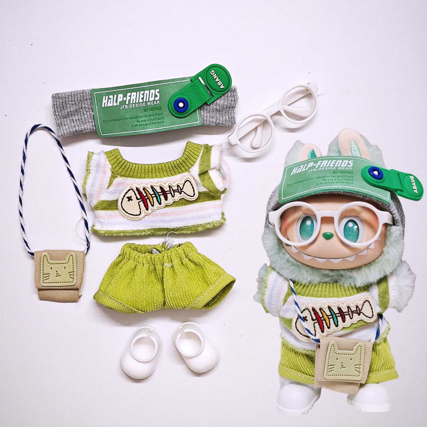 For V1/V2/V3 Labubu Fishbone Striped Tops and Pant Clothes Shoes Glass Headphone Outfits