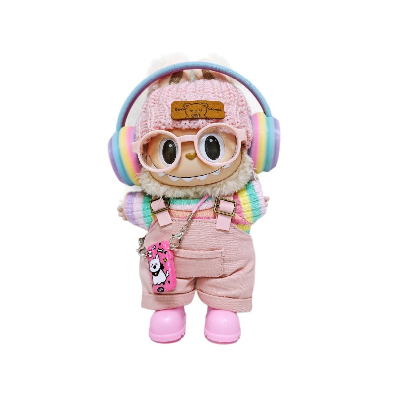 Labubu Outfits 7PCS Set Rainbow T-Shirt Overalls Headphone Clothes For V1/V2 Labuu/Lafufu (Suitable for 15cm/17cm)