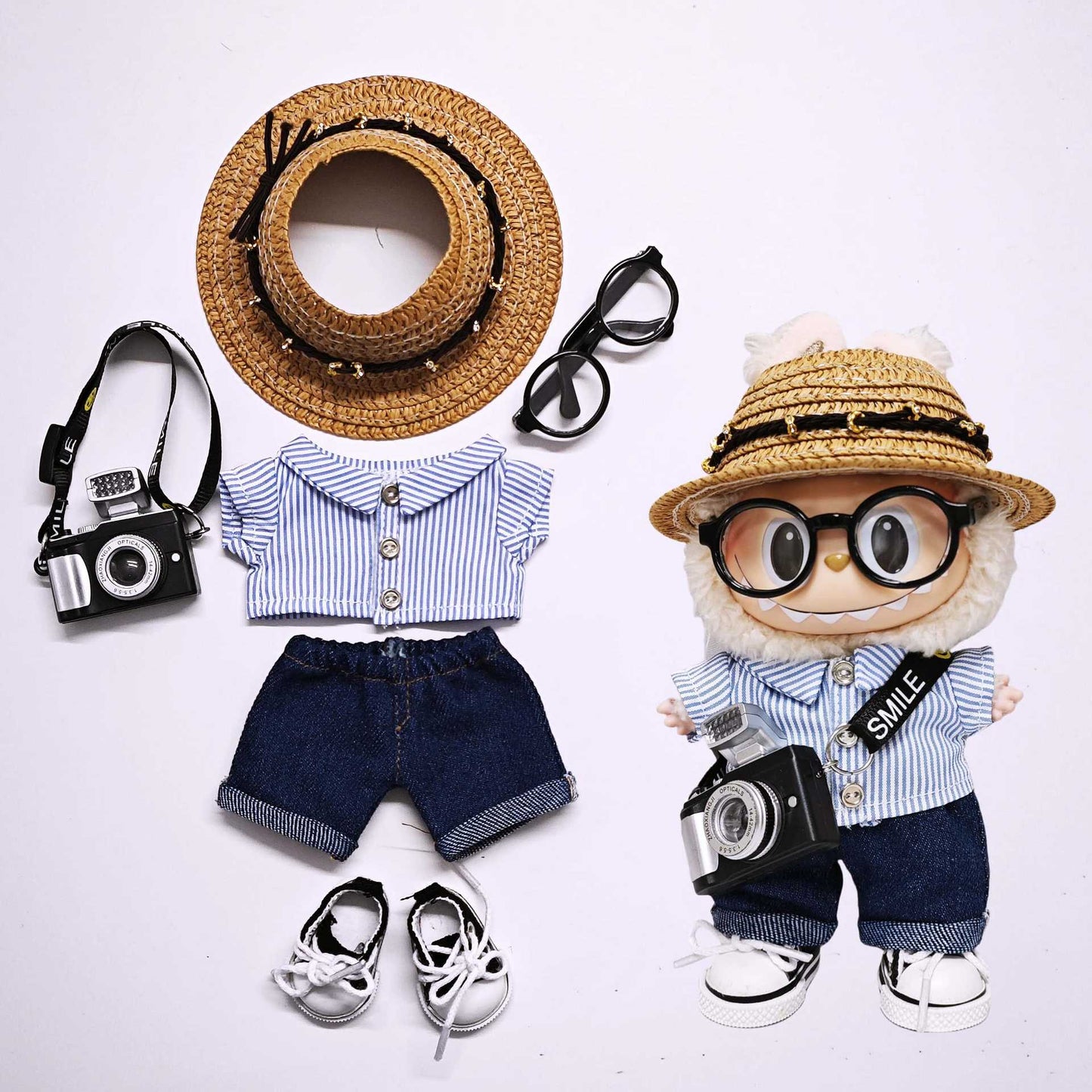 For 15cm/17cm Labubu 6PCS Set Outfits Striped Shirt+Jeans+Hat+Shoes+Glass+Camera Clothes
